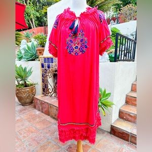 Adrift 💯 Cotton Embroidered Tassel Pockets Frays Lined Red Dress Size Medium